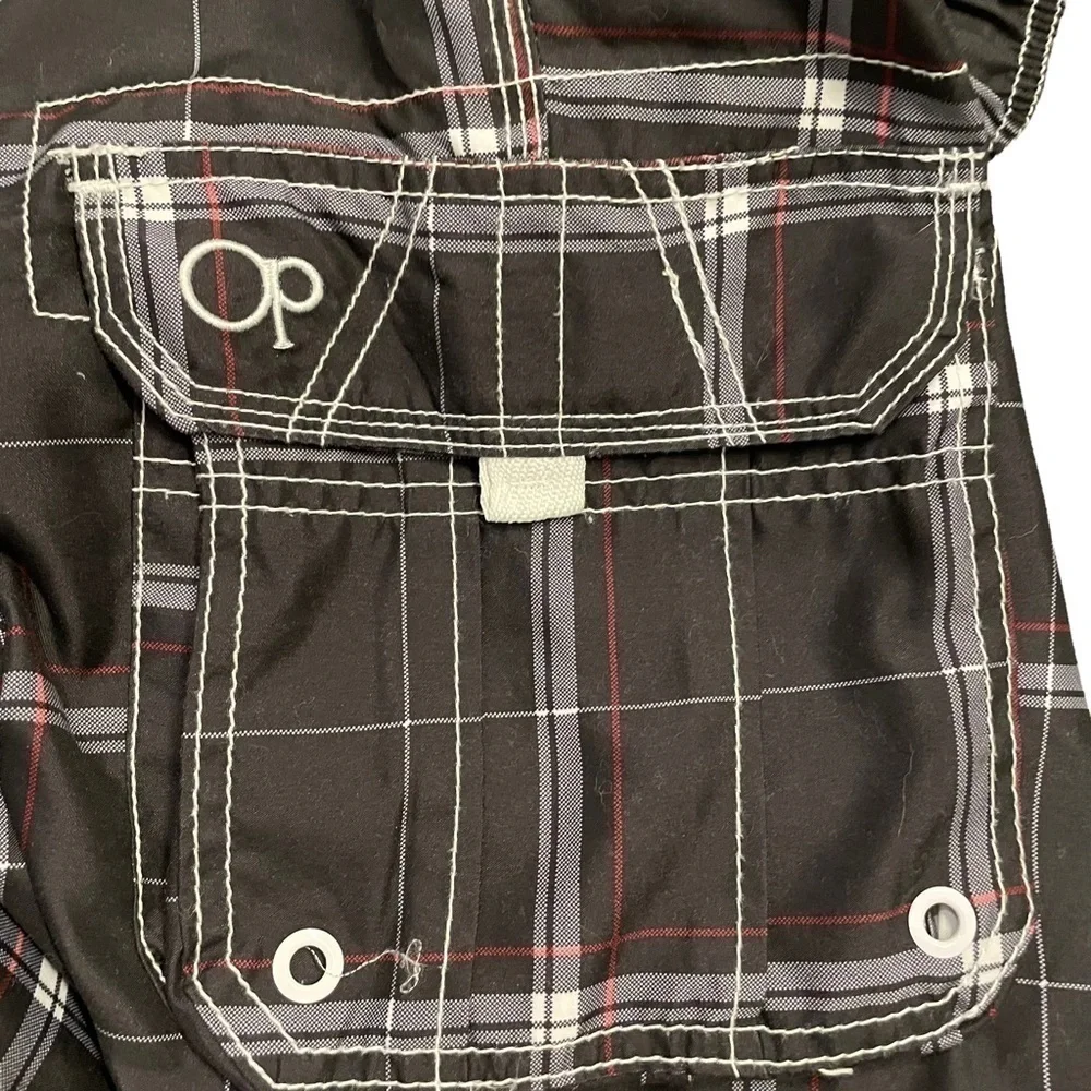 OP Black White Red Board Shorts Swim Trunks Windowpane pattern mesh lining Med
